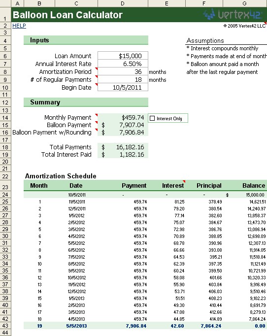 Free Balloon Loan Calculator For Excel Mortgage Payment Document Car