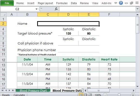 Free Blood Pressure Tracker Template For Excel Word Templates Document Recording Chart