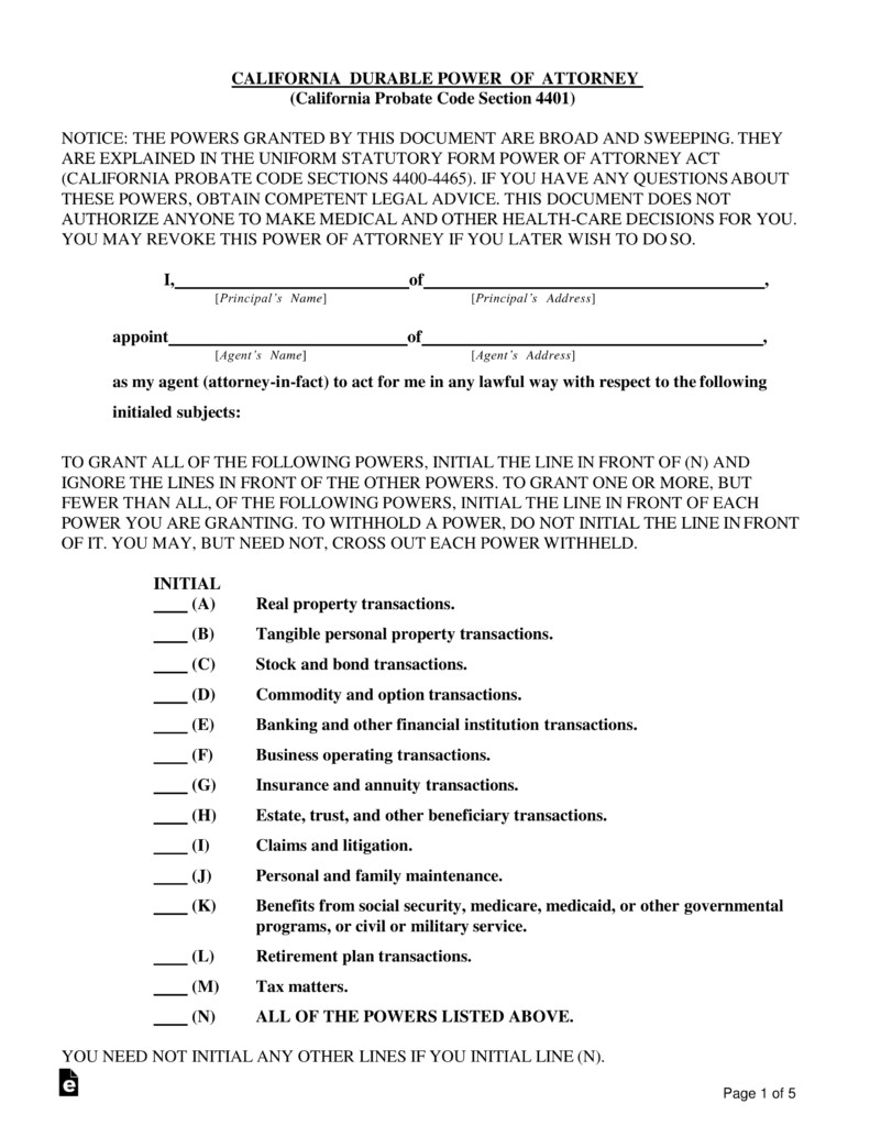 Free California Durable Financial Power Of Attorney Form PDF Document