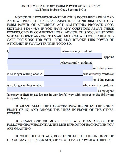 Free California Durable Statutory Power Of Attorney Form Template Document General
