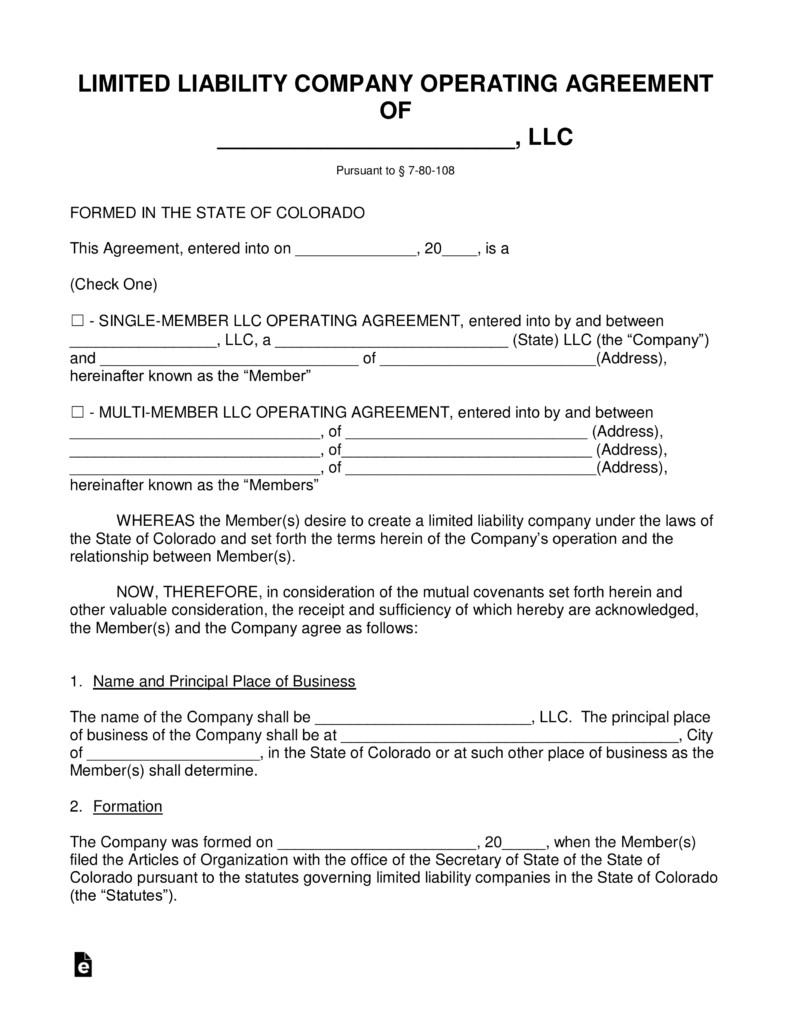 Free Colorado LLC Operating Agreement Forms PDF Word EForms Document Articles Of Organization Llc Georgia