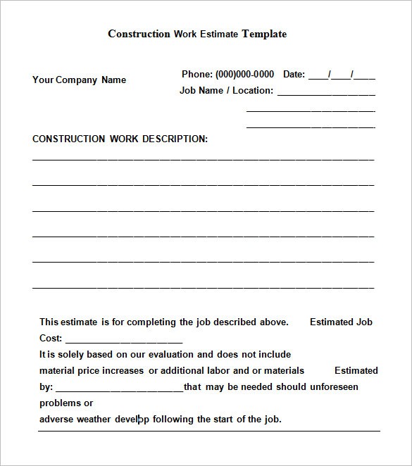 Free Construction Estimate Templates Collections Document Template