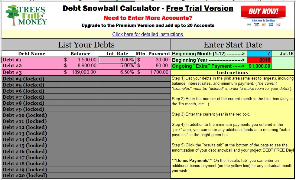 Free Debt Snowball Calculator Program Trees Full Of Money Document Excel