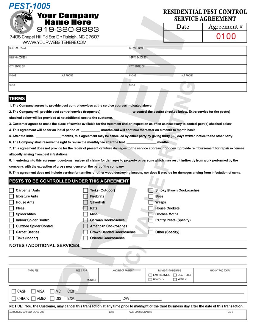 Free Design Fast Shipping On Pest Control Forms Document Service Agreement