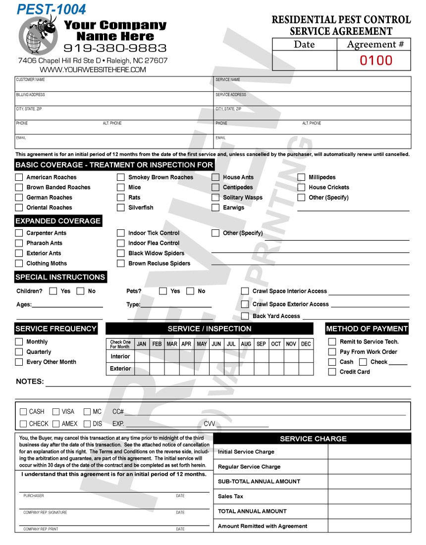 Free Design Fast Shipping On Pest Control Forms Document Service Agreement Form