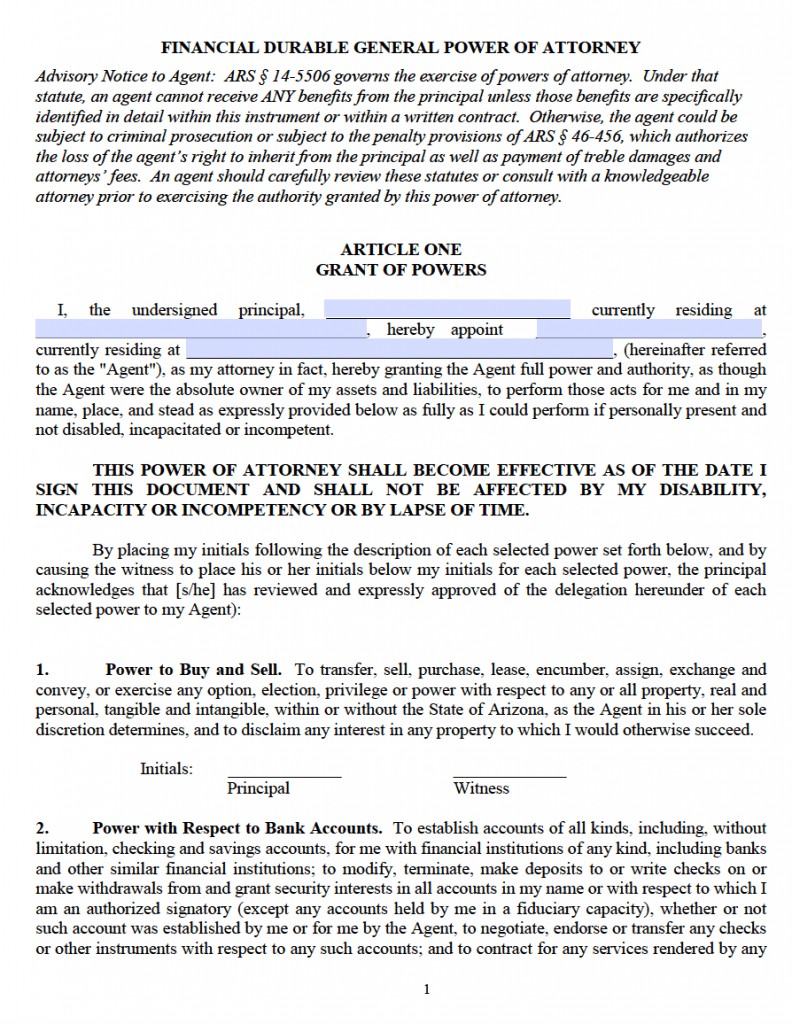 Free Durable Power Of Attorney Arizona Form PDF Document