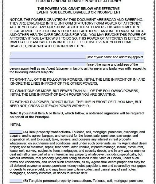 Free Durable Power Of Attorney Florida Form Pdf Template Inside