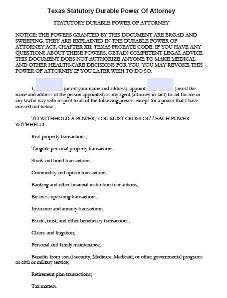 Free Durable Power Of Attorney Texas Form Adobe PDF Document Template