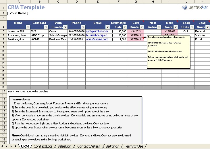 Free Excel CRM Template For Small Business Document Tracking Sales Calls