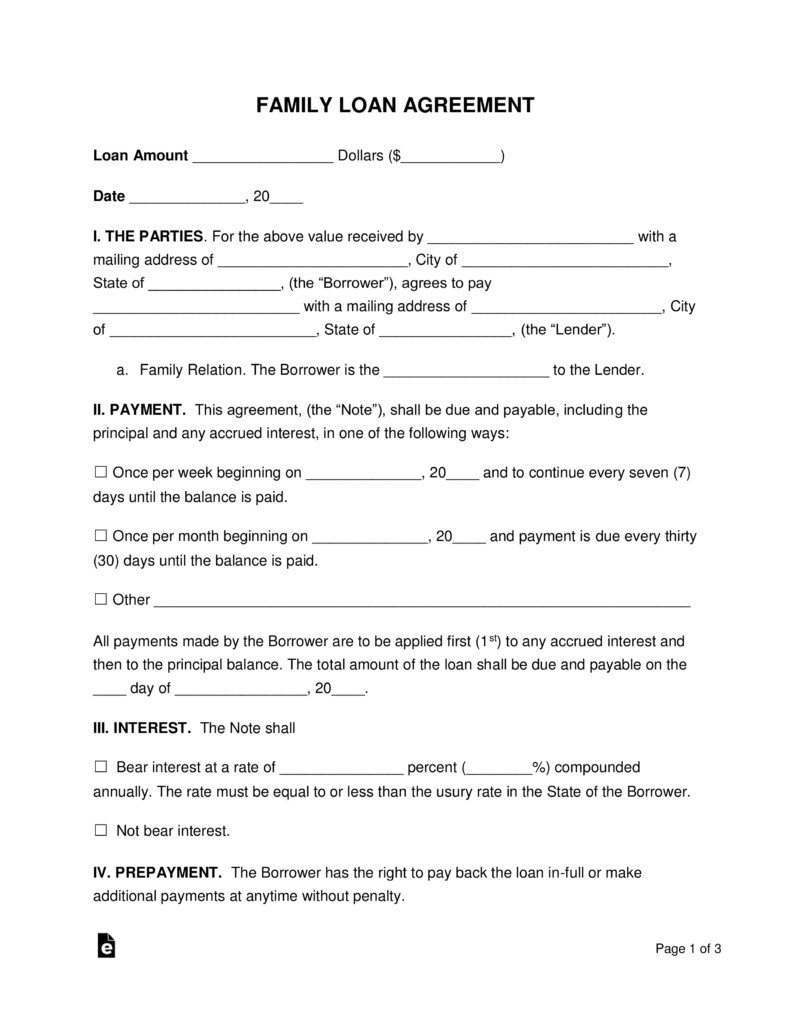 Free Family Loan Agreement Template PDF Word EForms Document