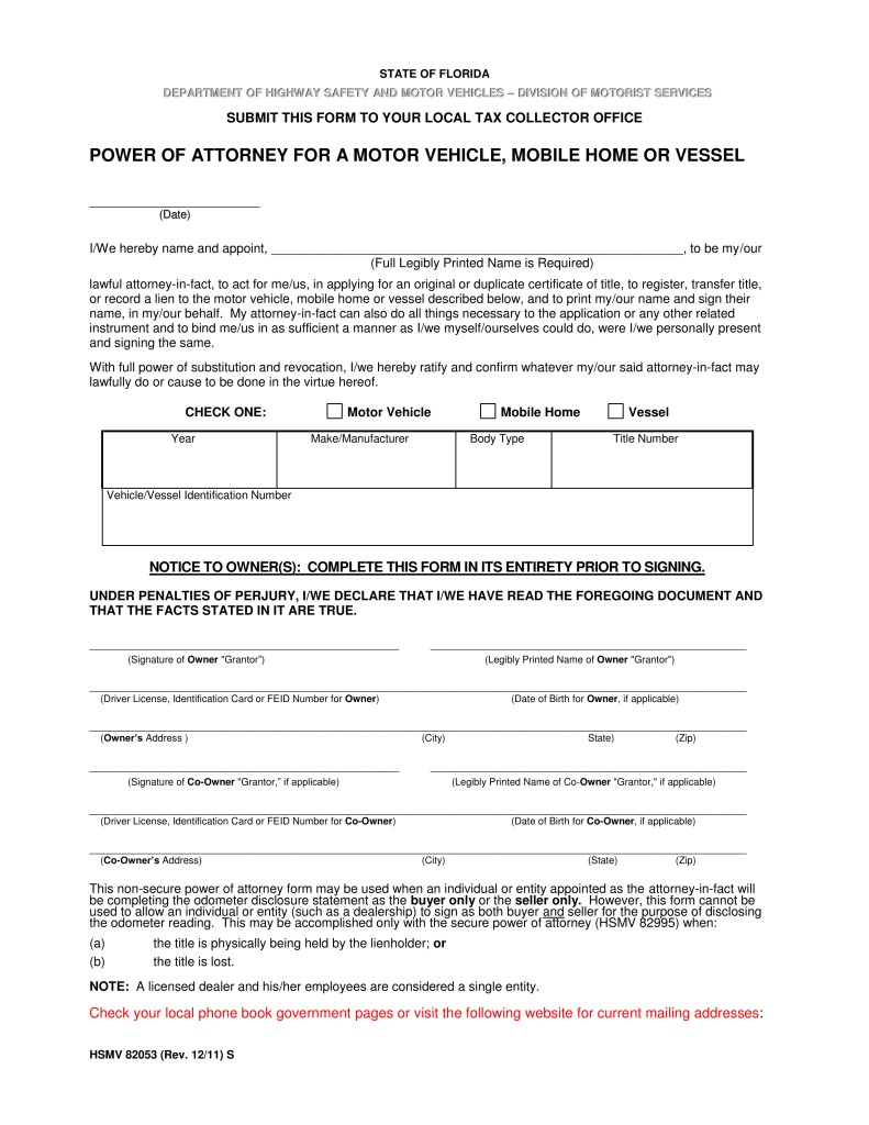 Free Florida Motor Vehicle Power Of Attorney Form PDF EForms Document