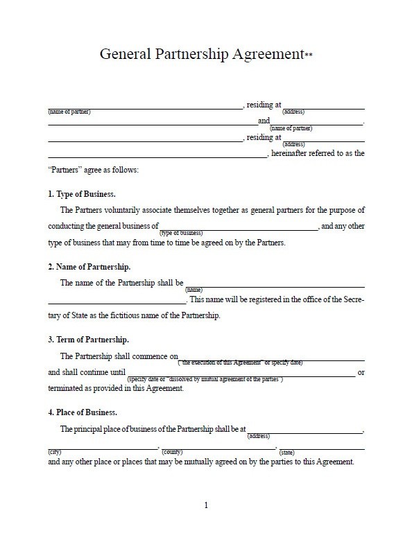 Free General Partnership Agreement Template Document Form Pdf