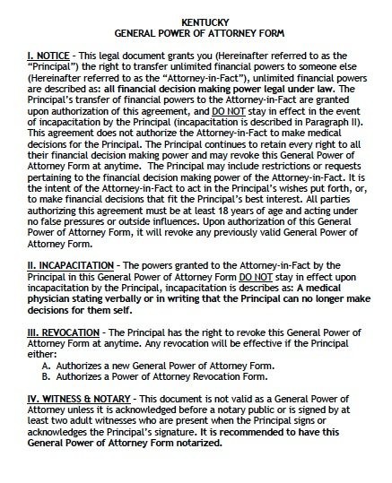 Free General Power Of Attorney Kentucky Form Adobe PDF Document