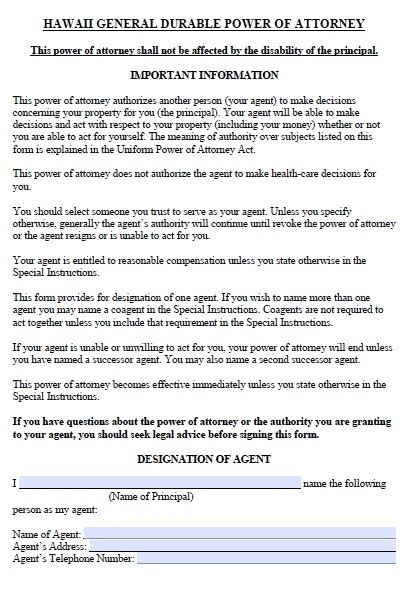 Free Hawaii Durable Financial Power Of Attorney Form PDF Template Document