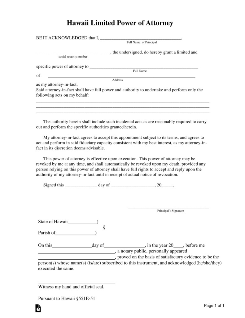 Free Hawaii Limited Power Of Attorney Form PDF Word E Document