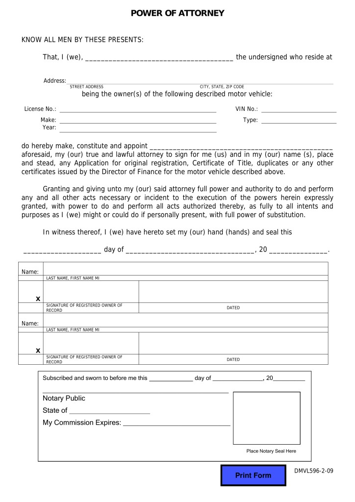 Free Hawaii Motor Vehicle Power Of Attorney Form PDF EForms Document Forms