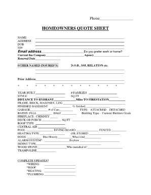Free Homeowners Quote Sheet Fill Online Printable Fillable Document Insurance