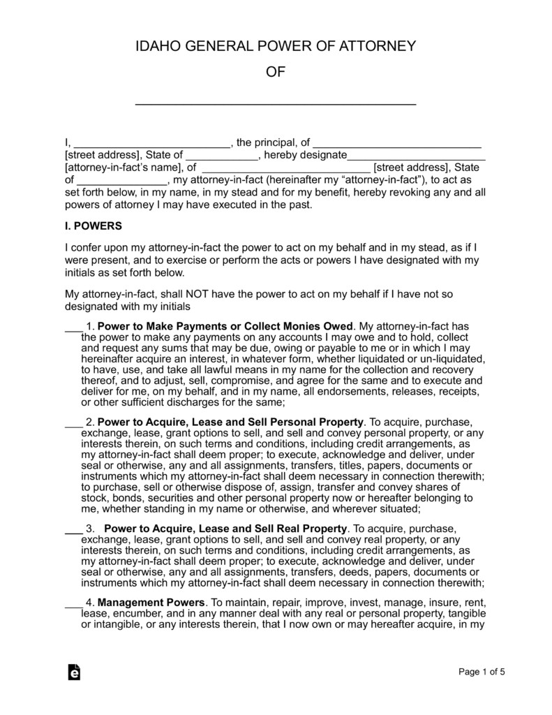 Free Idaho General Financial Power Of Attorney Form PDF Word