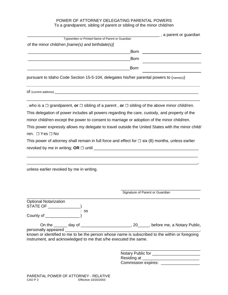 Free Idaho Minor Child Parental Power Of Attorney Form PDF