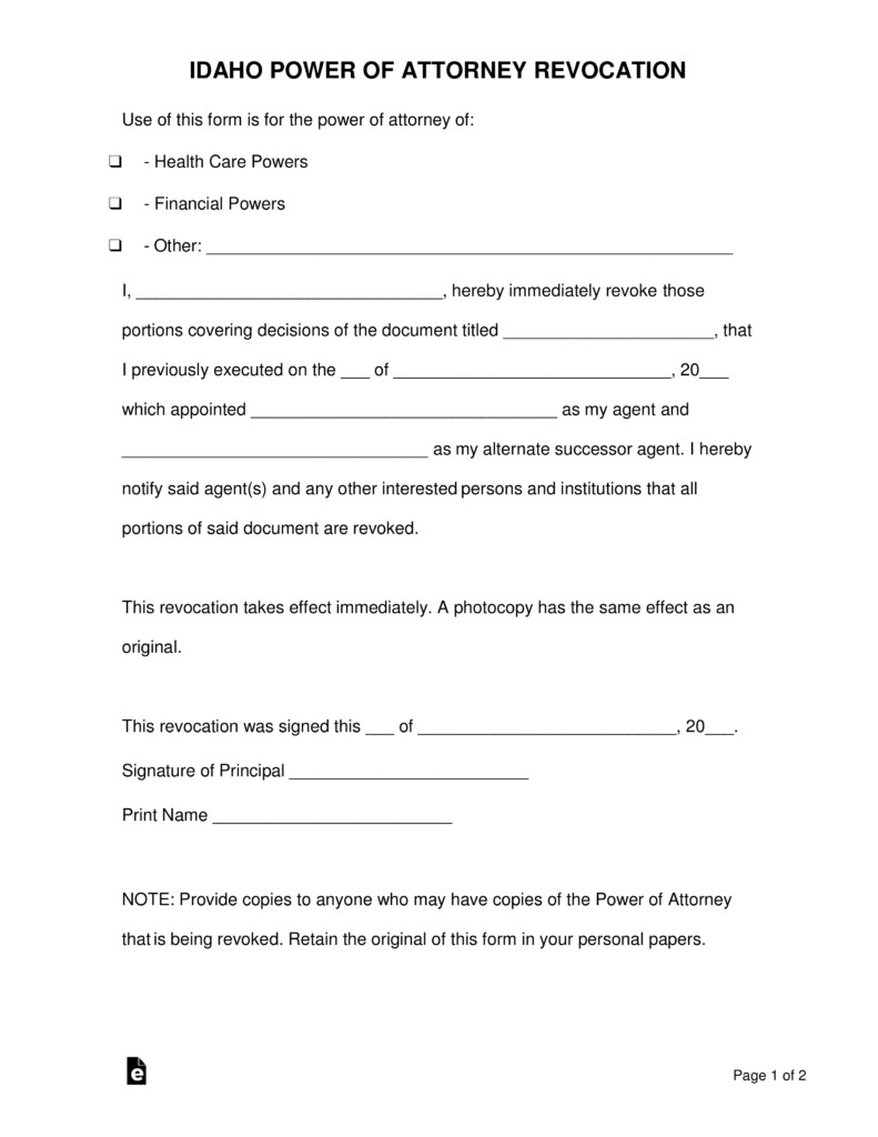 Free Idaho Power Of Attorney Revocation Form PDF Word EForms Document