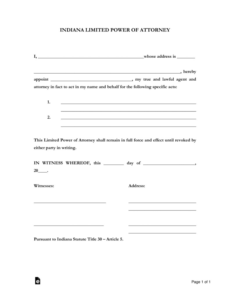 Free Indiana Limited Power Of Attorney Form PDF Word EForms