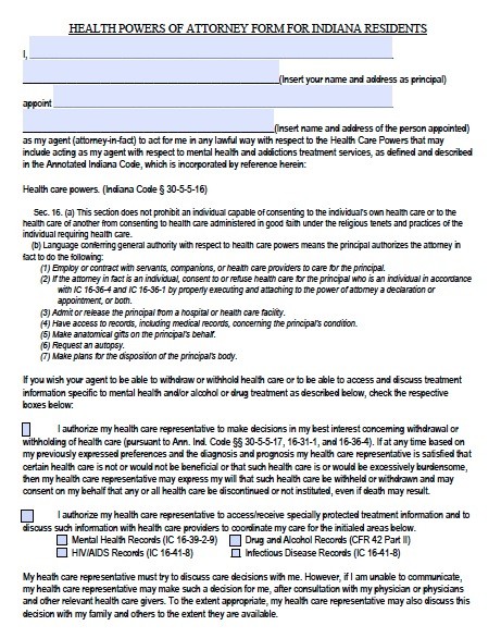 Free Indiana Medical Power Of Attorney Form PDF Template Document