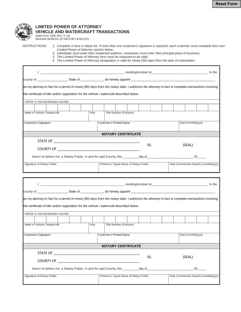 Free Indiana Motor Vehicle Power Of Attorney Form 01940 PDF Document Bmv Poa