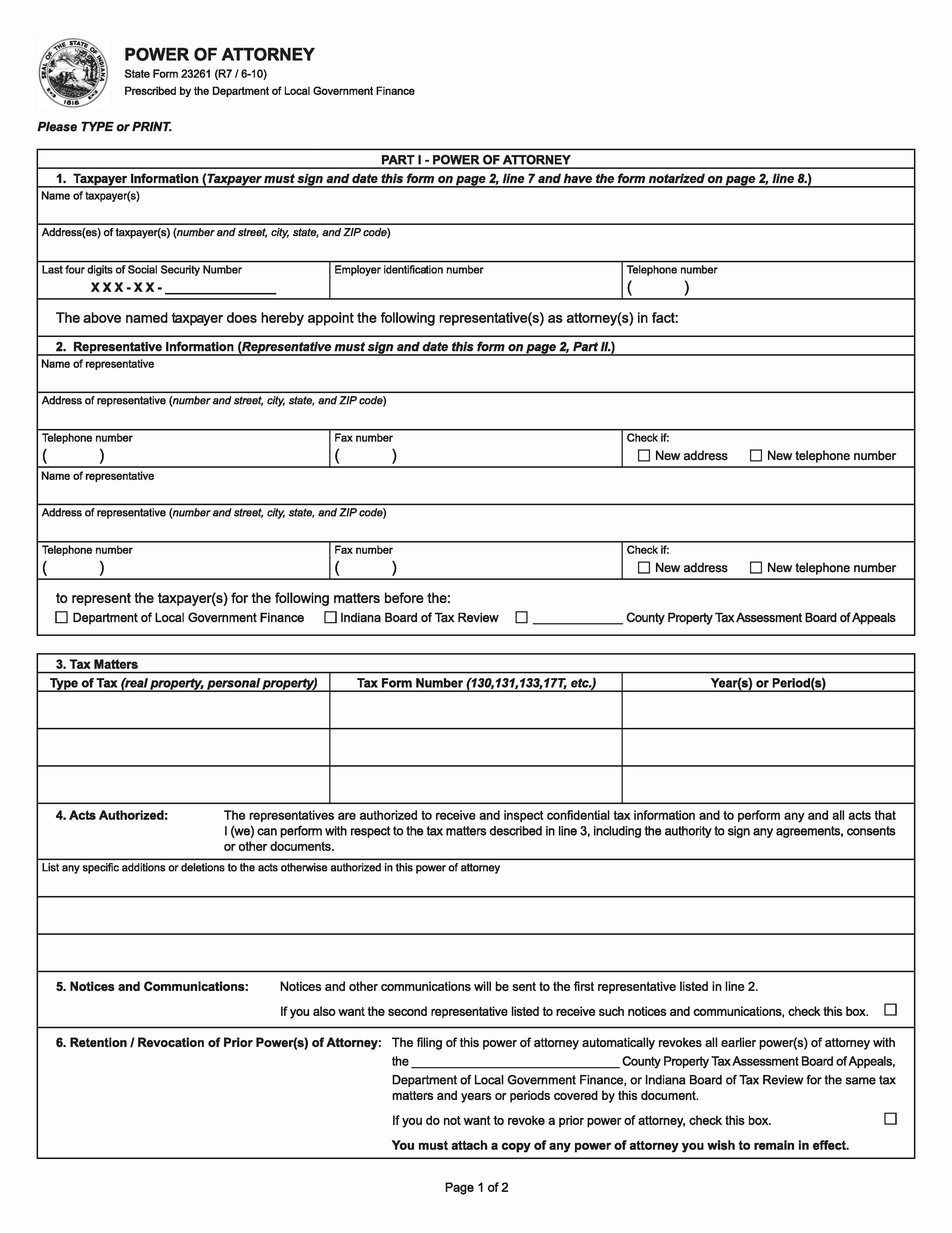 Free Indiana Tax Power Of Attorney Form 23261 R7 6 10 Adobe
