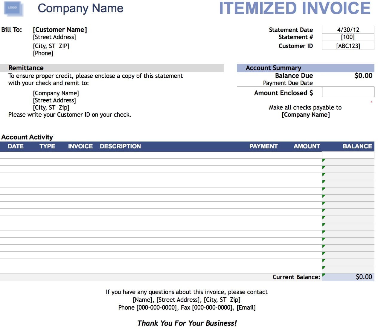 Free Itemized Invoice Template Excel PDF Word Doc Document Spreadsheet