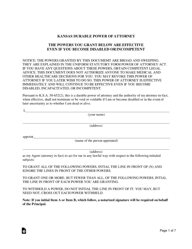 Free Kansas Power Of Attorney S PDF Word Es Document Durable