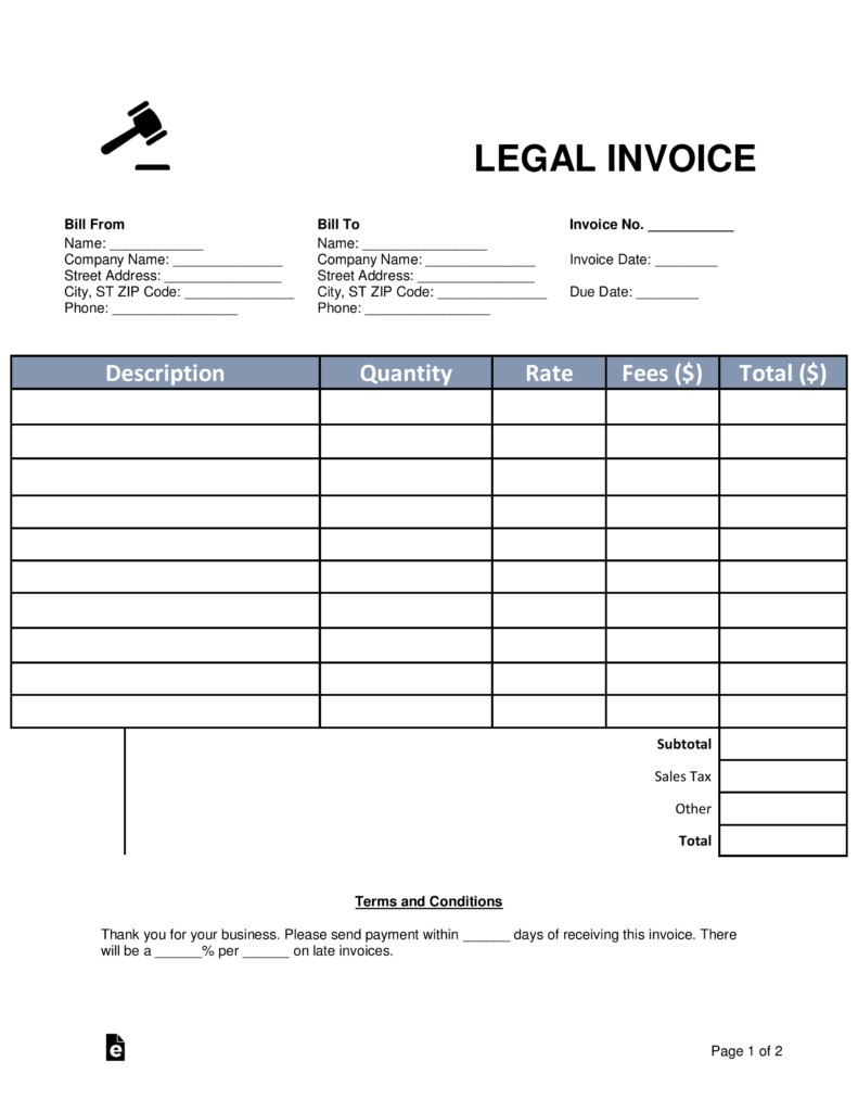 Free Lawyer Attorney Legal Invoice Template Word PDF EForms