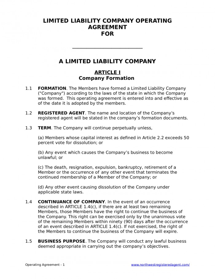 Free LLC Operating Agreement For A Limited Liability Company Document