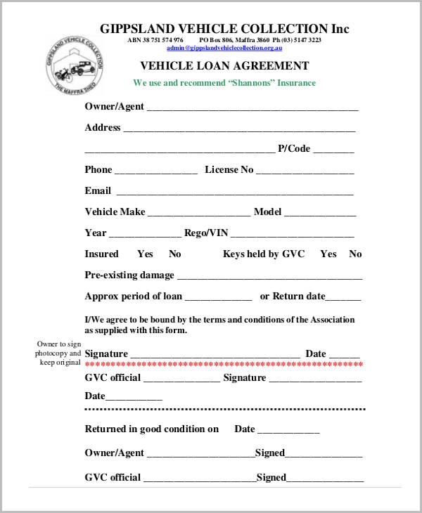 Free Loan Agreement Form Document Car Financing