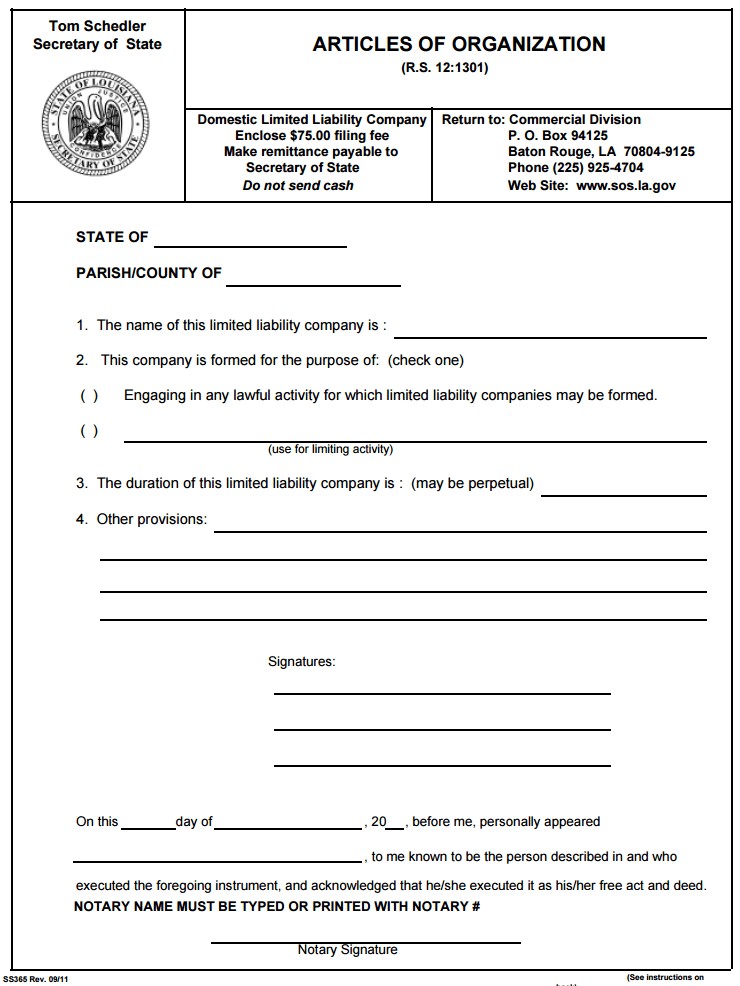 Free Louisiana LLC Limited Liability Company Form PDF Template