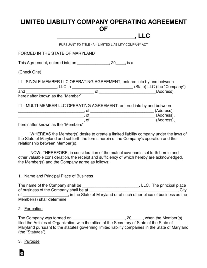 Free Maryland LLC Operating Agreement Forms PDF Word EForms Document