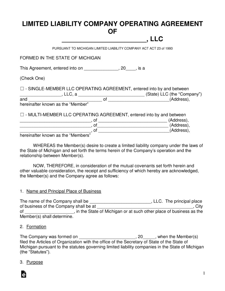 Free Michigan LLC Operating Agreement Forms PDF Word EForms Document Llc