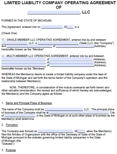 Free Michigan LLC Operating Agreement Template PDF Word Document