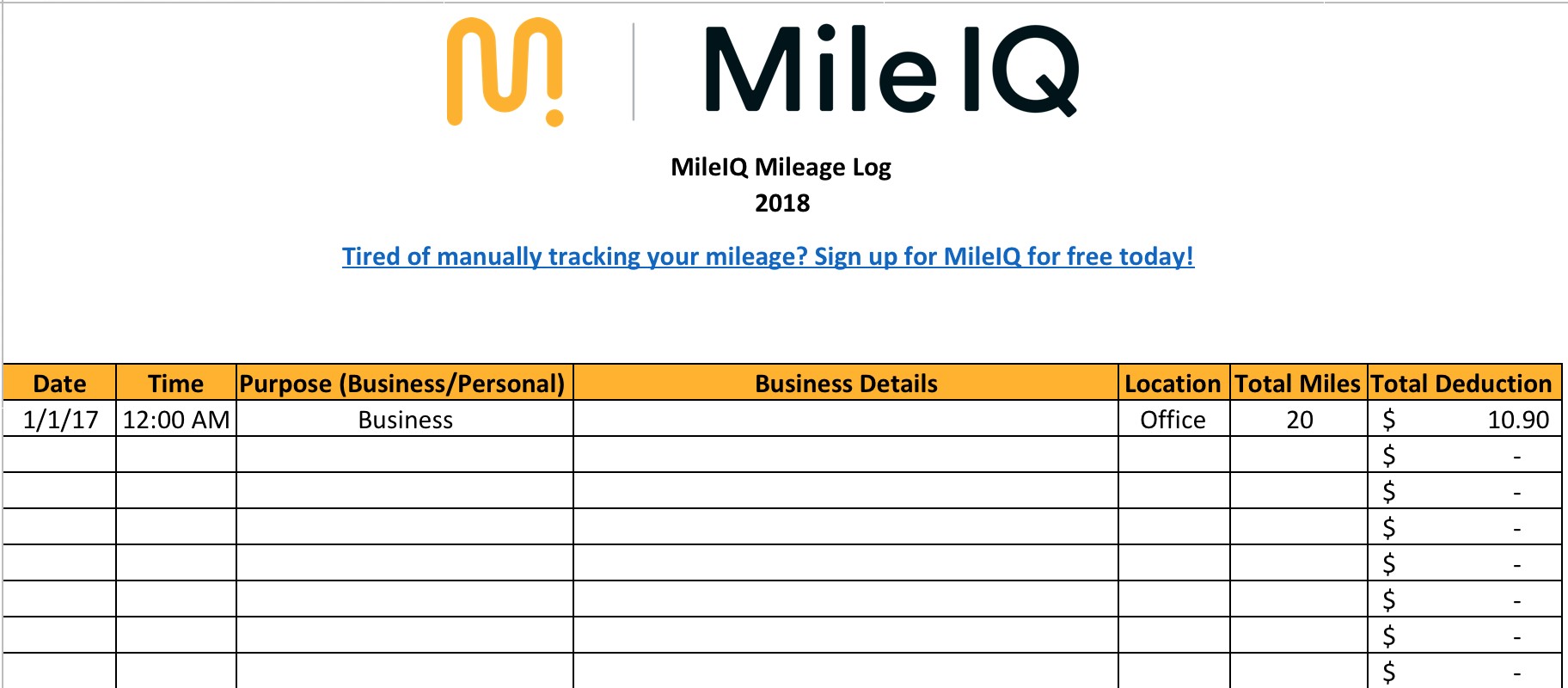 Free Mileage Log Template For Excel Track Your Miles Document Business