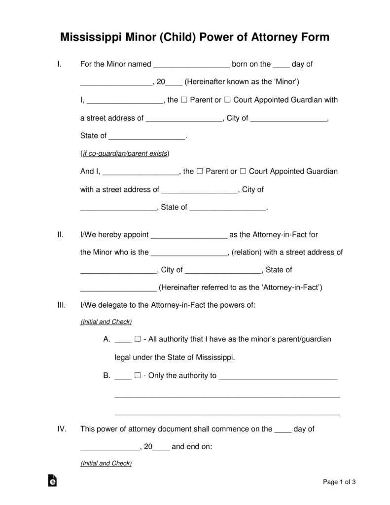 Free Mississippi Guardian Of A Minor Power Attorney Form PDF Document