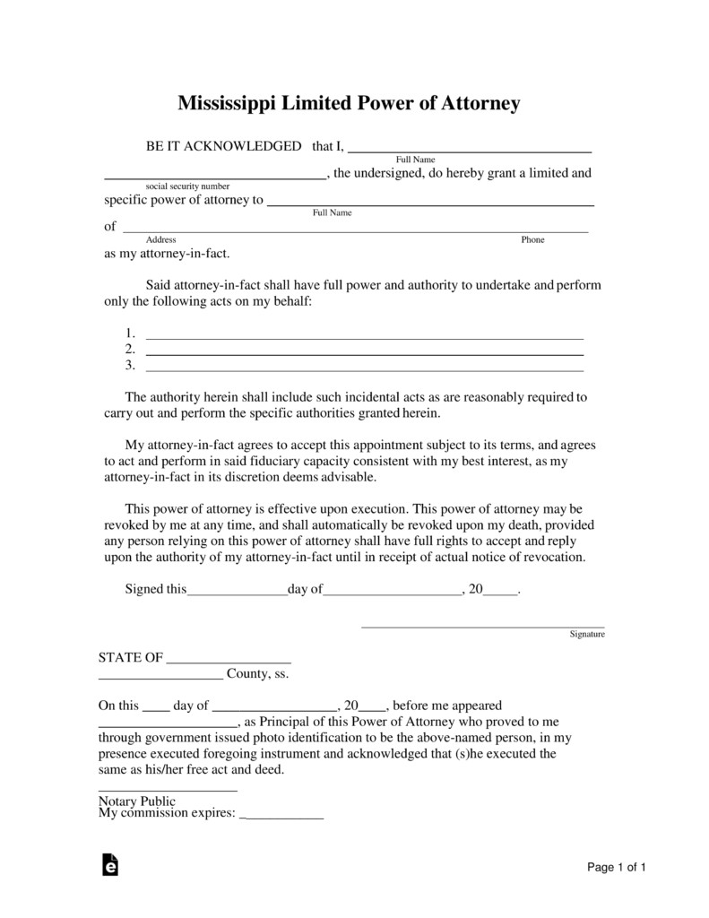 Free Mississippi Limited Power Of Attorney Form PDF Word Document