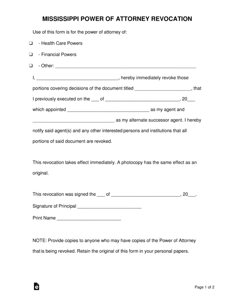 Free Mississippi Revocation Power Of Attorney Form PDF Word