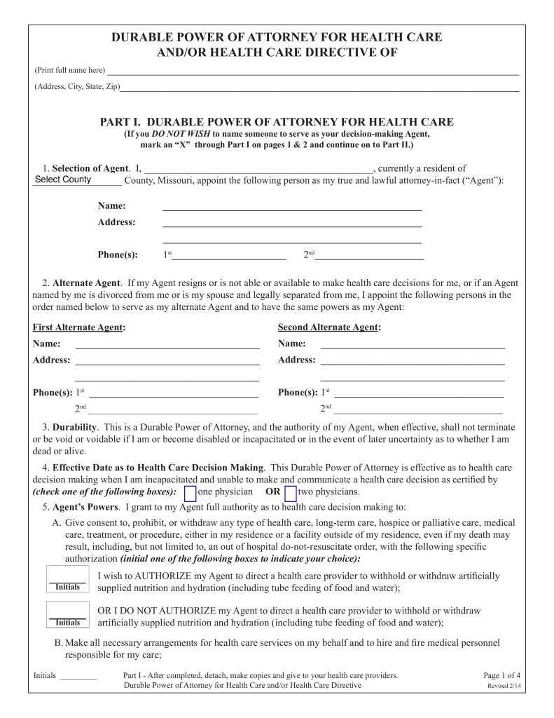 Free Missouri Durable Power Of Attorney For Health Care Form PDF