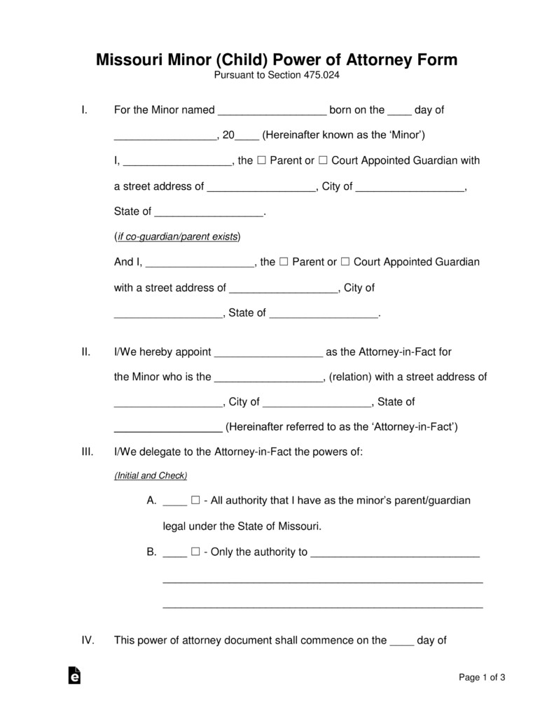 Free Missouri Minor Child Parental Power Of Attorney Form PDF