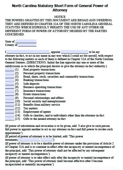 Free North Carolina Durable Statutory Power Of Attorney Form PDF