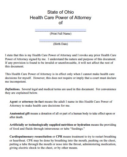 Free Ohio Medical Power Of Attorney Form PDF Template Document Durable