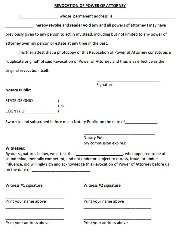 Free Ohio Power Of Attorney Revocation Form PDF Template Document Durable
