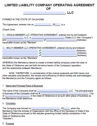 Free Oklahoma LLC Operating Agreement Template PDF Word Document Llc