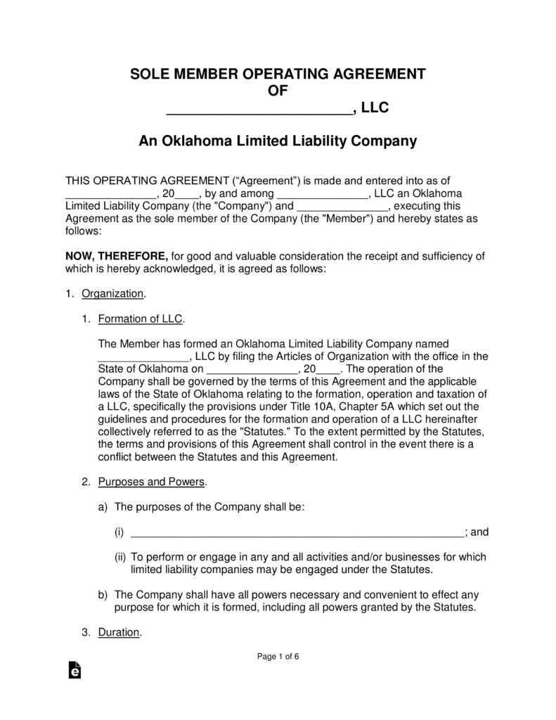 Free Oklahoma Single Member LLC Operating Agreement Form PDF Document