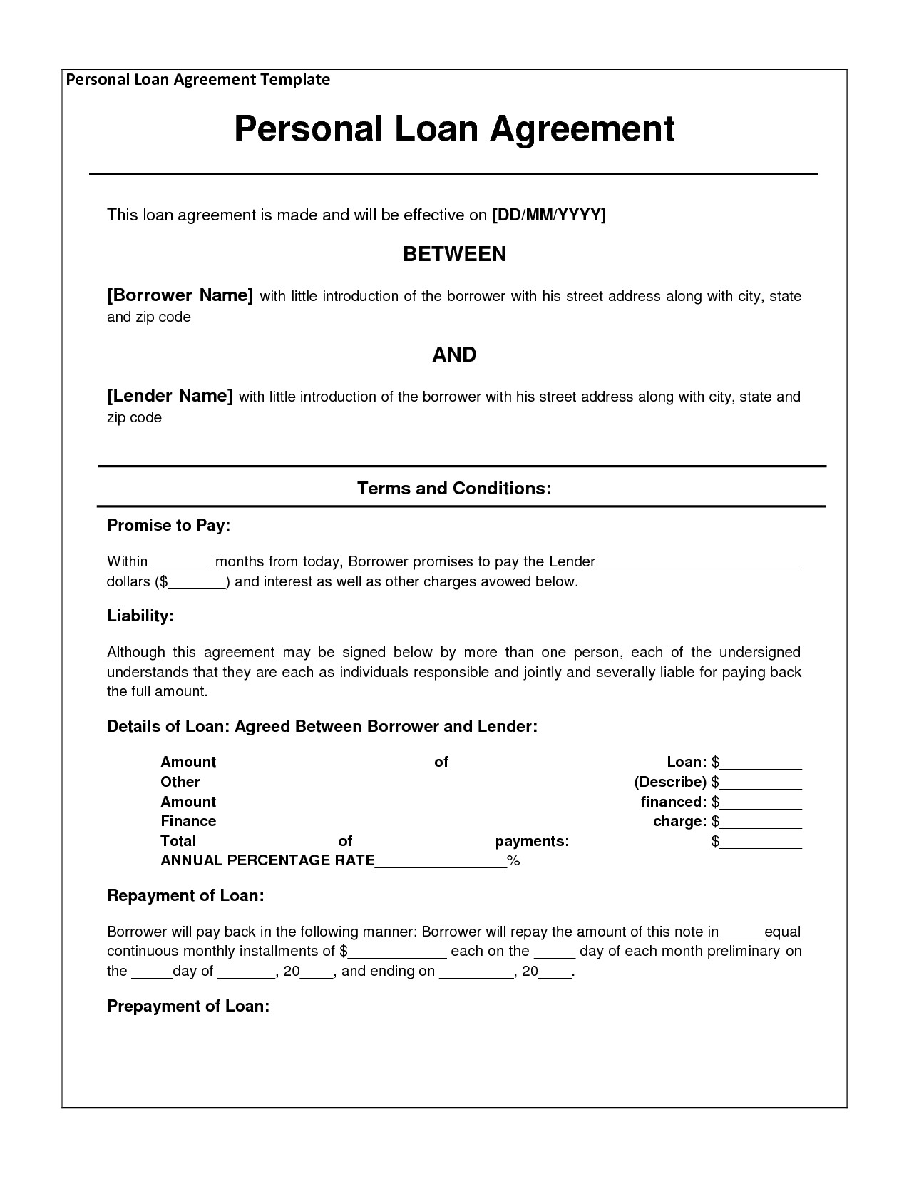 Free Personal Loan Agreement Form Template 1000 Approved In 2 Document Contract For Borrowing Money From Family