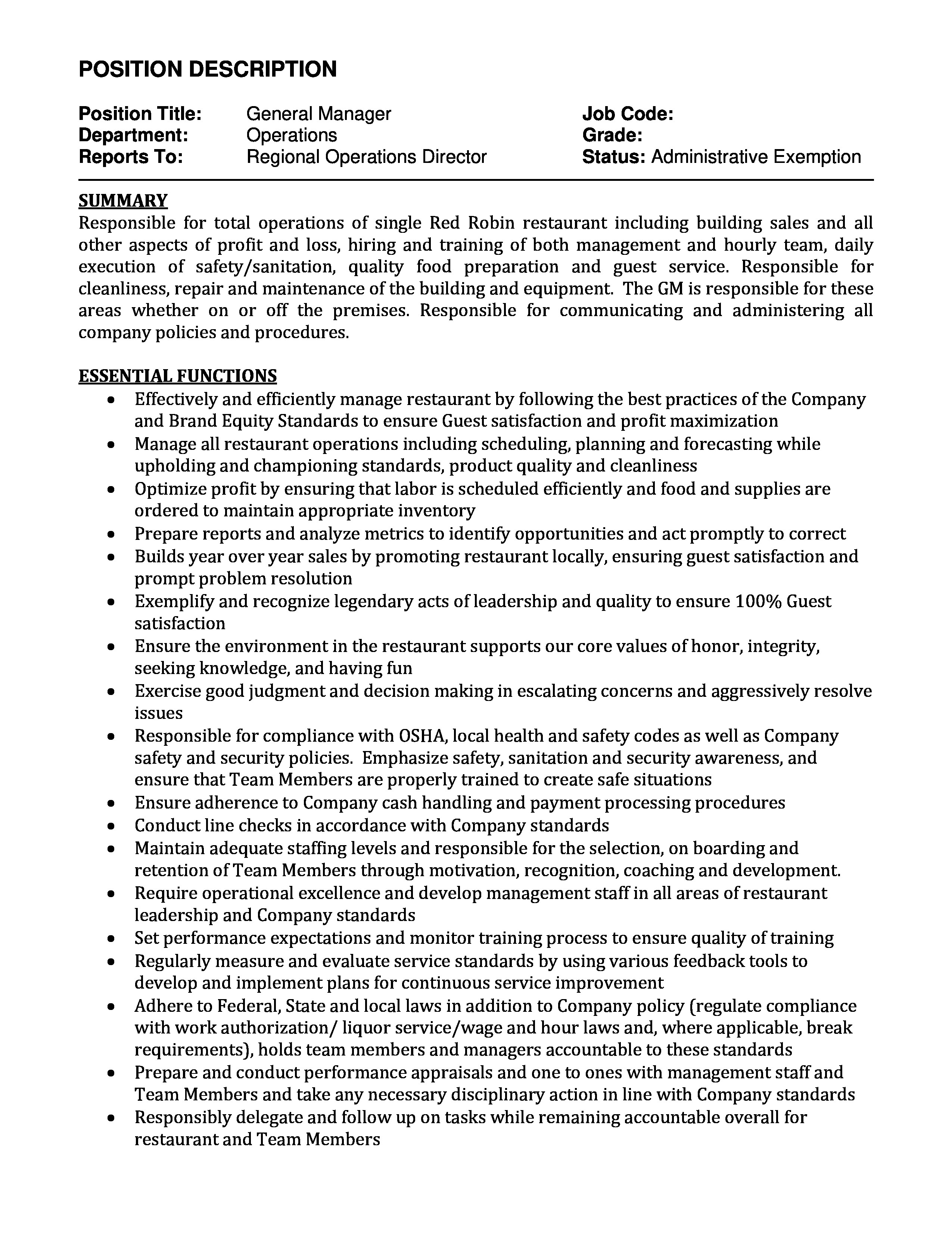 Free Position Description Example For General Manager Templates At Document